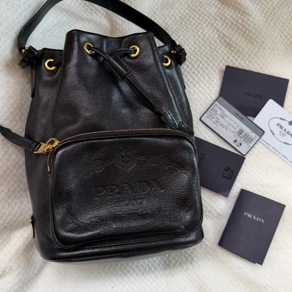 Prada | Bags | Prada Black Leather Bag With Gold Accents  display picture 3